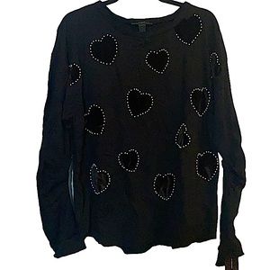 International concepts black long sleeve velvet hearts faux pearls size XL NWT